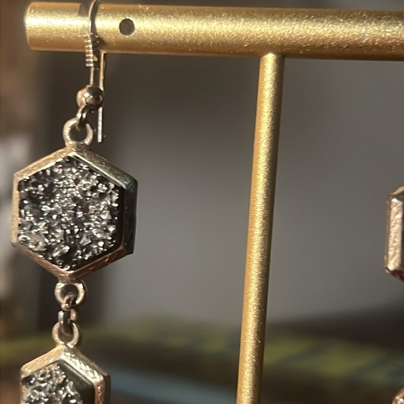 3 tier dangle earrings gold and black sparkle quartz rock octagon shaped 3” long - Picture 2 of 14